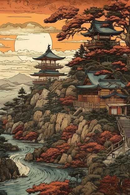 er is een schilderij van een pagode op een heuvel met een rivier die een generatieve ai genereert