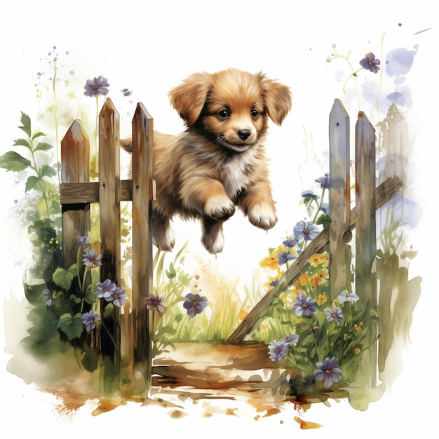 Er is een schilderij van een puppy die generatief over een hek springt