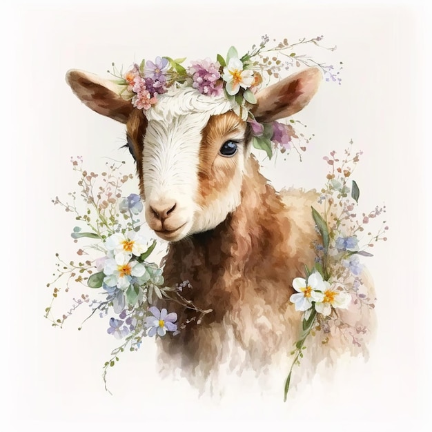 Er is een schilderij van een schaap met bloemen op zijn hoofd generatieve ai