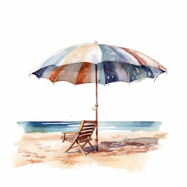 Er is een schilderij van een strandstoel en parasol op het strand generatieve ai