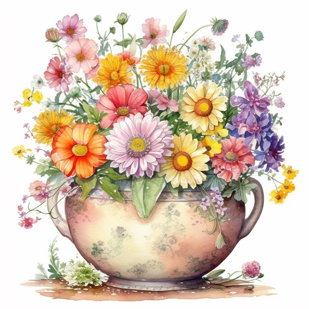 Er is een schilderij van een theepot met bloemen erin.