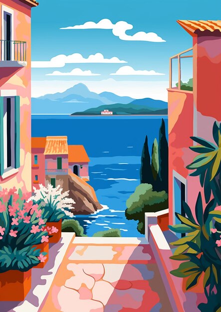 Foto er is een schilderij van een uitzicht op een baai en een huis generatief ai
