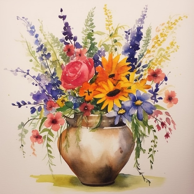 Er is een schilderij van een vaas met bloemen erin generatieve ai