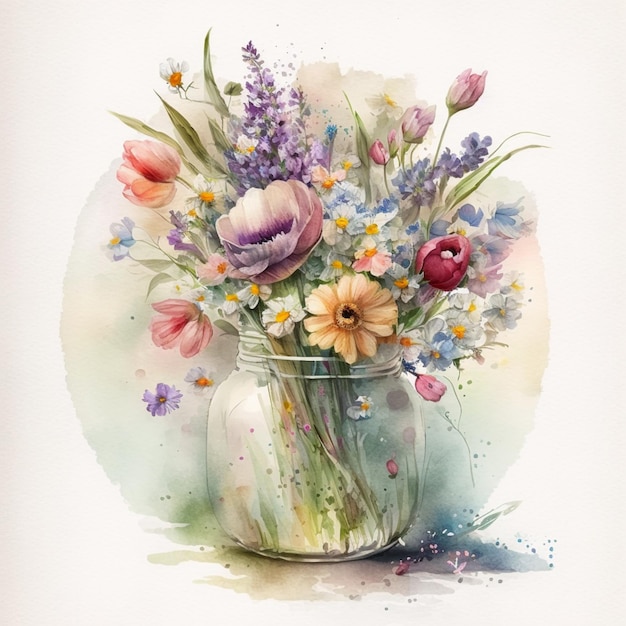 er is een schilderij van een vaas met bloemen erin generatieve ai