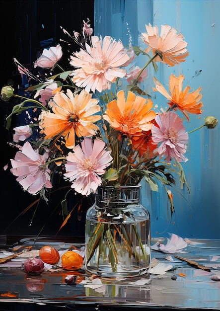 Er is een schilderij van een vaas met bloemen op een tafel generatieve ai