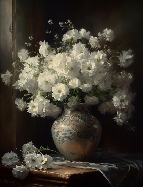 Er is een schilderij van een vaas met witte bloemen erin.