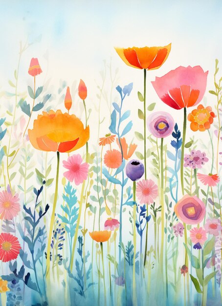 er is een schilderij van een veld met bloemen met een generatieve ai op de achtergrond van de hemel