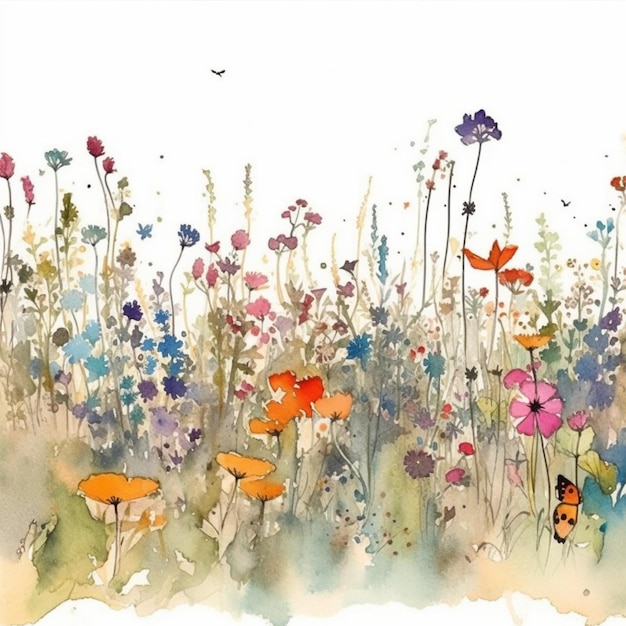 Foto er is een schilderij van een veld van bloemen met vlinders generatieve ai