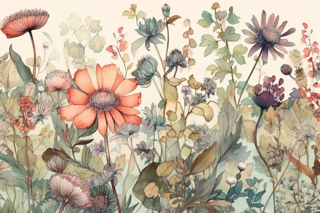 Er is een schilderij van een veld van bloemen met vogels erin generatieve ai