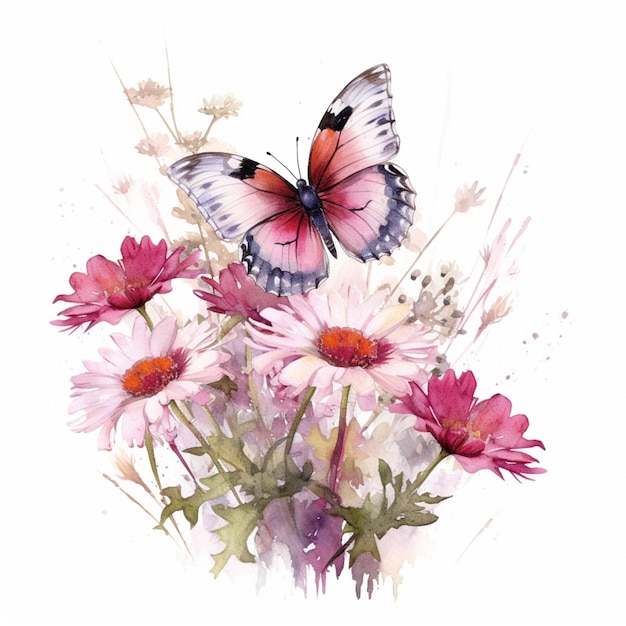 Er is een schilderij van een vlinder op een bloem met roze bloemen generatieve ai