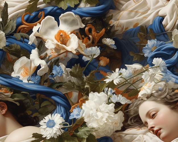 Er is een schilderij van een vrouw die op een bed ligt met bloemen.