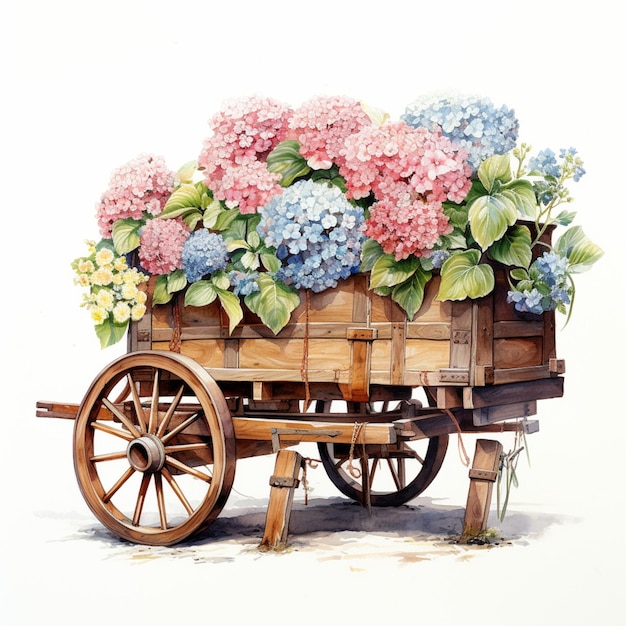 Er is een schilderij van een wagen met bloemen erop.