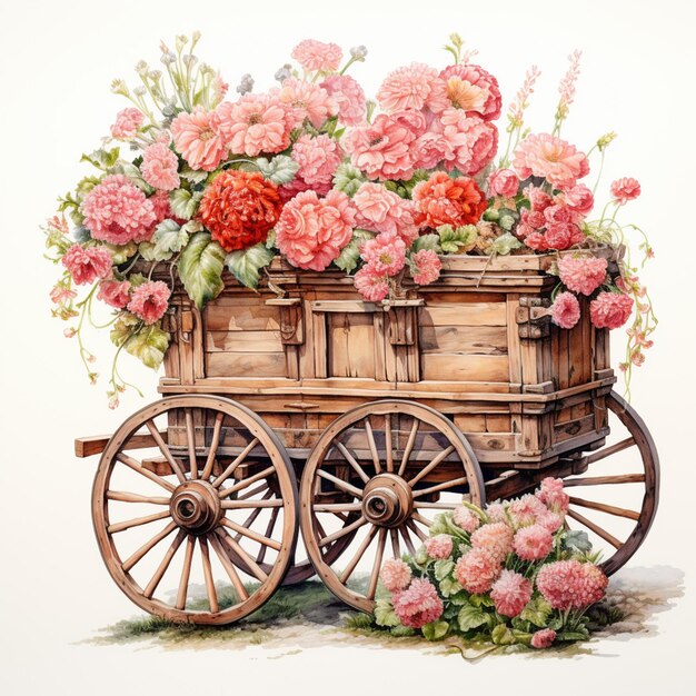 Er is een schilderij van een wagen met bloemen erop.