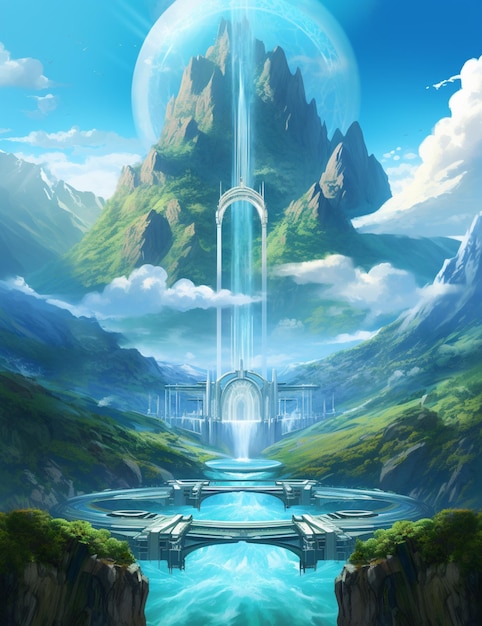 Er is een schilderij van een waterval in het midden van een berg generatieve ai