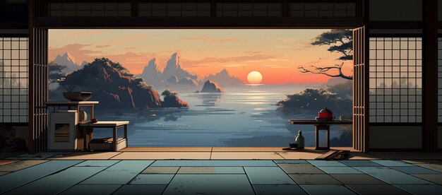 Er is een schilderij van een zonsondergang over een meer en bergen generatieve ai