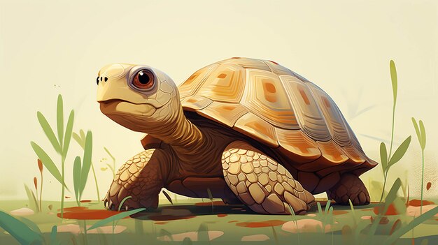 Er is een schildpad die generatief op het gras loopt