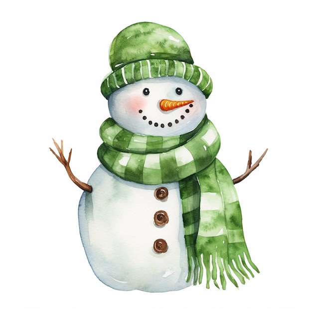 Er is een sneeuwman met een groene hoed en sjaal.