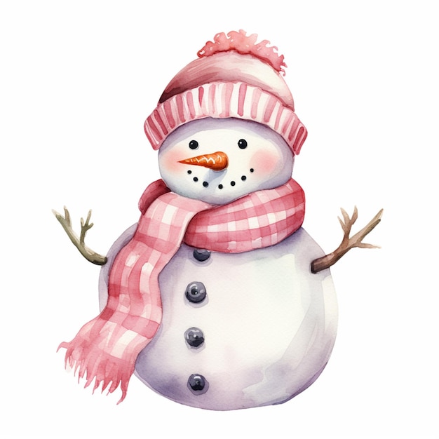 Er is een sneeuwman met een roze hoed en sjaal.