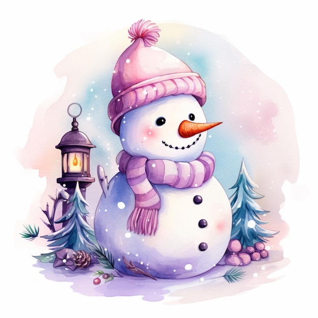 er is een sneeuwpop met een muts en sjaal naast een lantaarn generatieve ai
