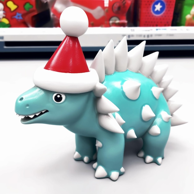 Er is een speelgoed dinosaurus met een kerstman hoed op het generatieve ai