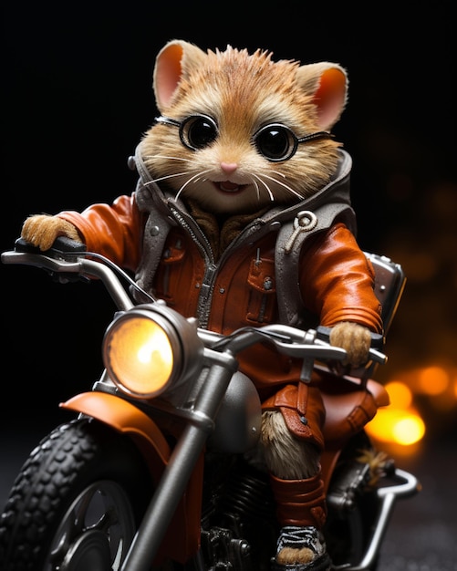 Er is een speelgoedkat die op een motorfiets rijdt met een helm op generatieve ai