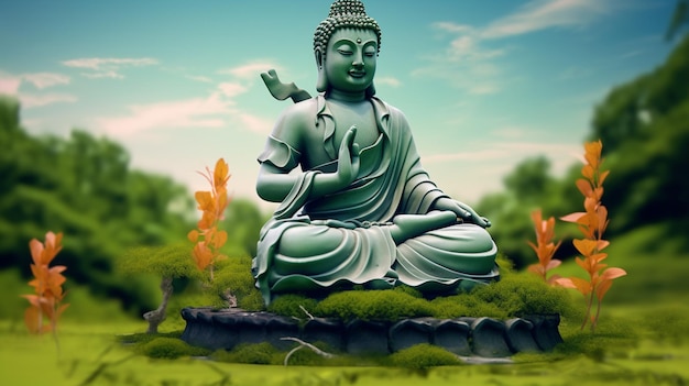 er is een standbeeld van een Boeddha zittend op een rots in een veld generatieve ai