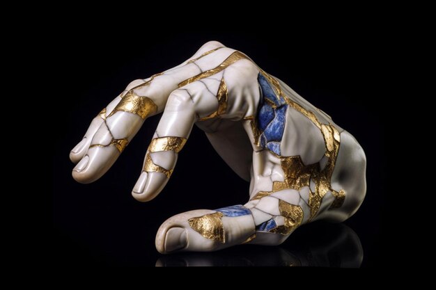 Er is een standbeeld van een hand met een goud en blauw ontwerp generatieve ai