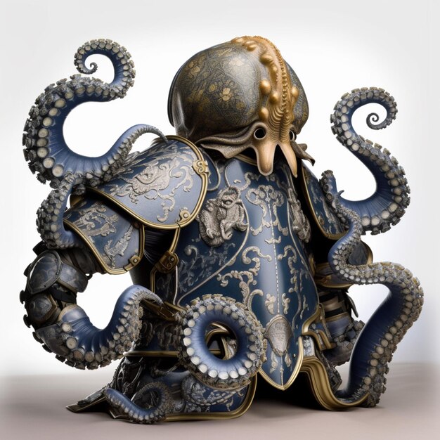 Er is een standbeeld van een octopus met een helm en een harnas.