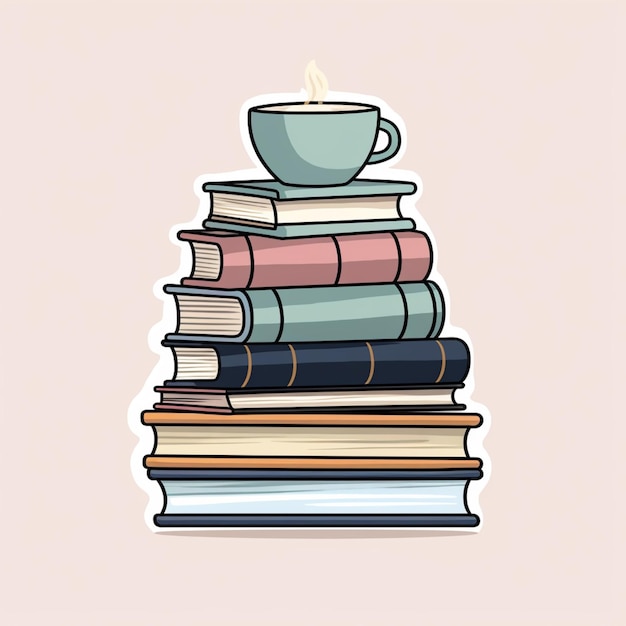 Er is een stapel boeken met een kop koffie bovenop.