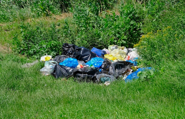 Foto er is een stapel huishoudelijk afval en divers huishoudelijk afval dat door bewusteloze mensen op het groene gras in de natuur wordt gegooid. stop met plastiek.