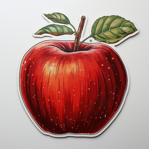 Er is een sticker van een appel met een blad erop.