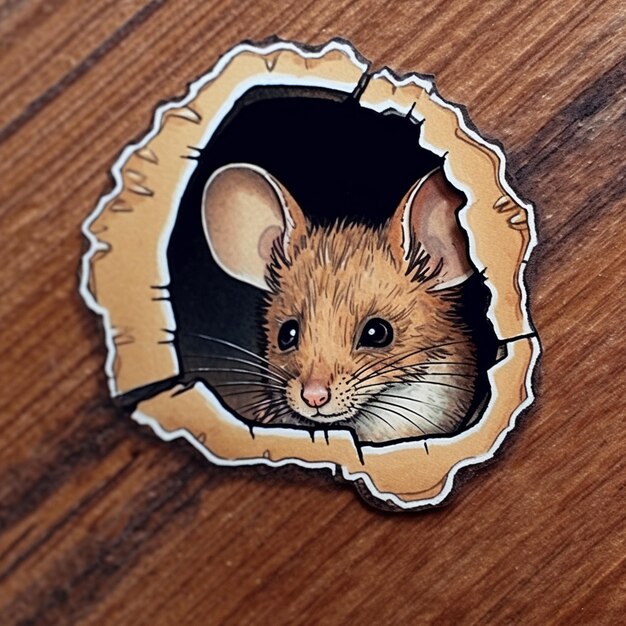 Foto er is een sticker van een muis die uit een gat kijkt.