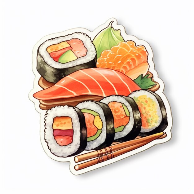 Er is een sticker van sushi en eetstokjes op een witte achtergrond generatieve ai