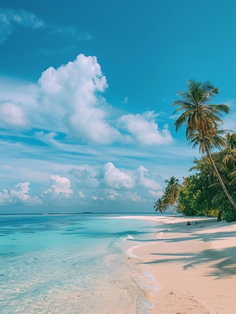 Foto er is een strand met een palmboom en een wit zandstrand generatief ai