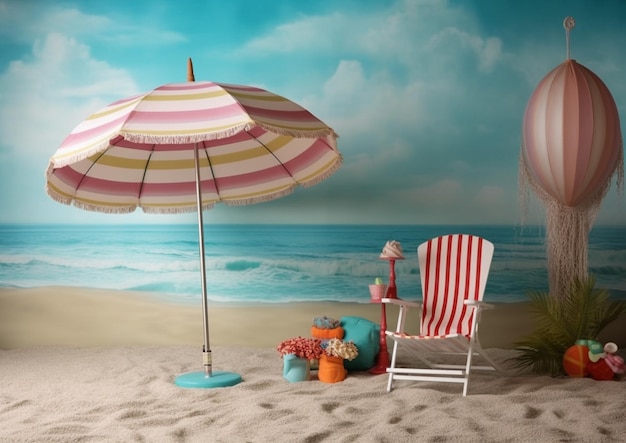 Er is een strandtafereel met een stoel en parasol op de zand generatieve ai