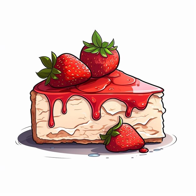 Er is een stuk taart met aardbeien erop.