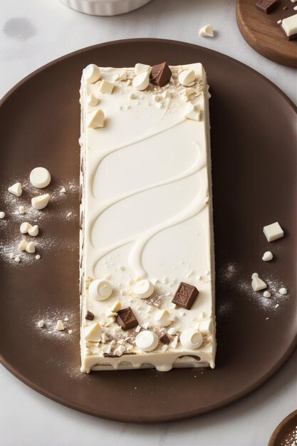 Foto er is een stuk taart op een bord met chocolade en witte glazuur.