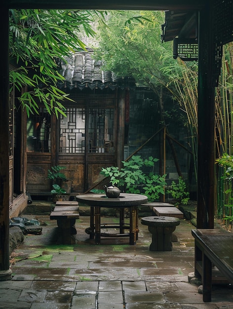 Er is een tafel en banken in een binnenplaats met een bamboe boom generatieve ai