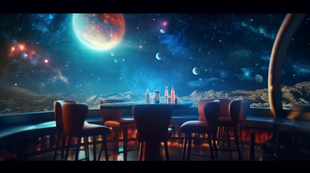 Er is een tafel met stoelen en een tafel met zicht op de planeten generatieve ai