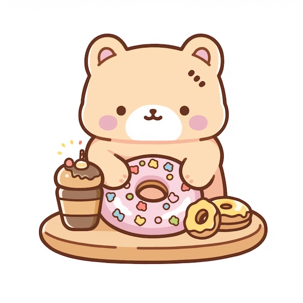 er is een teddybeer die een donut en een kopje koffie vasthoudt. generatief ai.