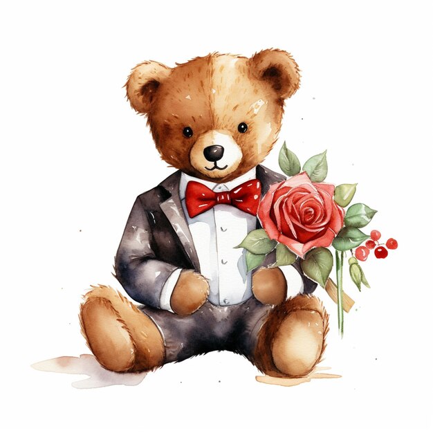 Er is een teddybeer die een smoking draagt en een roos vasthoudt.