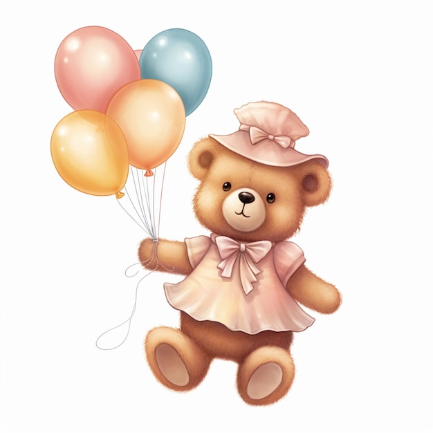 Er is een teddybeer die een stel ballonnen vasthoudt.