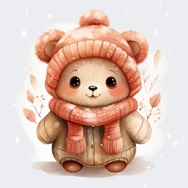 er is een teddybeer die een winterjas en een generatieve ai hoed draagt