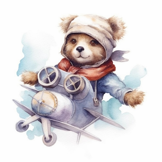 Foto er is een teddybeer die in een vliegtuig vliegt.