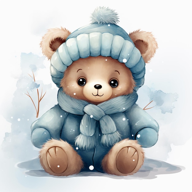 er is een teddybeer met een blauwe hoed en sjaal generatieve ai
