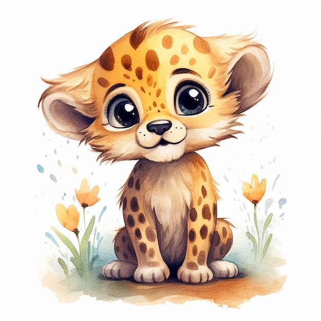Er is een tekening van een baby cheetah die in het gras zit.
