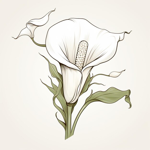 Foto er is een tekening van een bloem met bladeren op een witte achtergrond generatieve ai