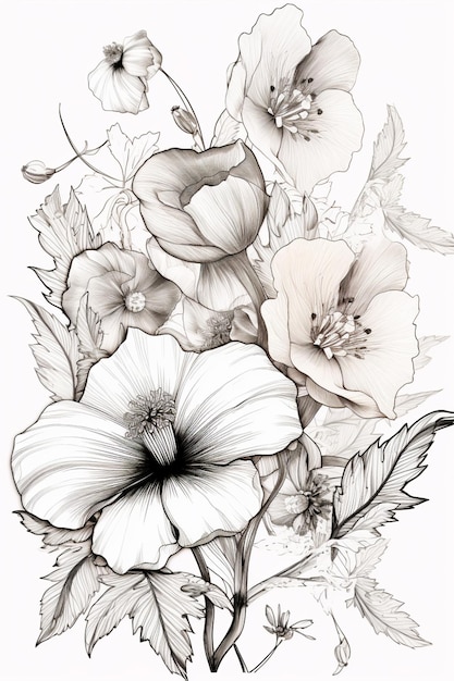 Er is een tekening van een bos bloemen op een witte achtergrond generatieve ai