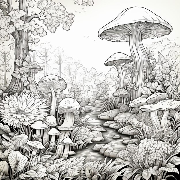 er is een tekening van een bos met paddenstoelen en bloemen generatieve ai