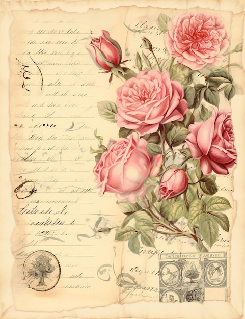 Er is een tekening van een bos roze rozen op een stuk papier.